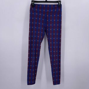 LuLaRoe OS Blue Red Geometric Aztec Design Leggings One Size Stretch Comfort
